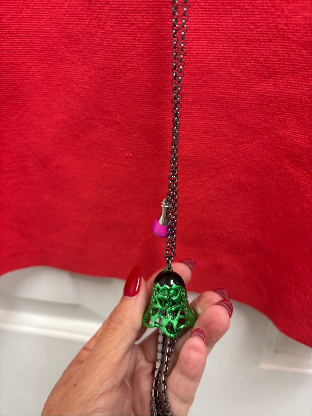 Green Bell Charm Necklace with Pink Accent - Picture 7 of 9